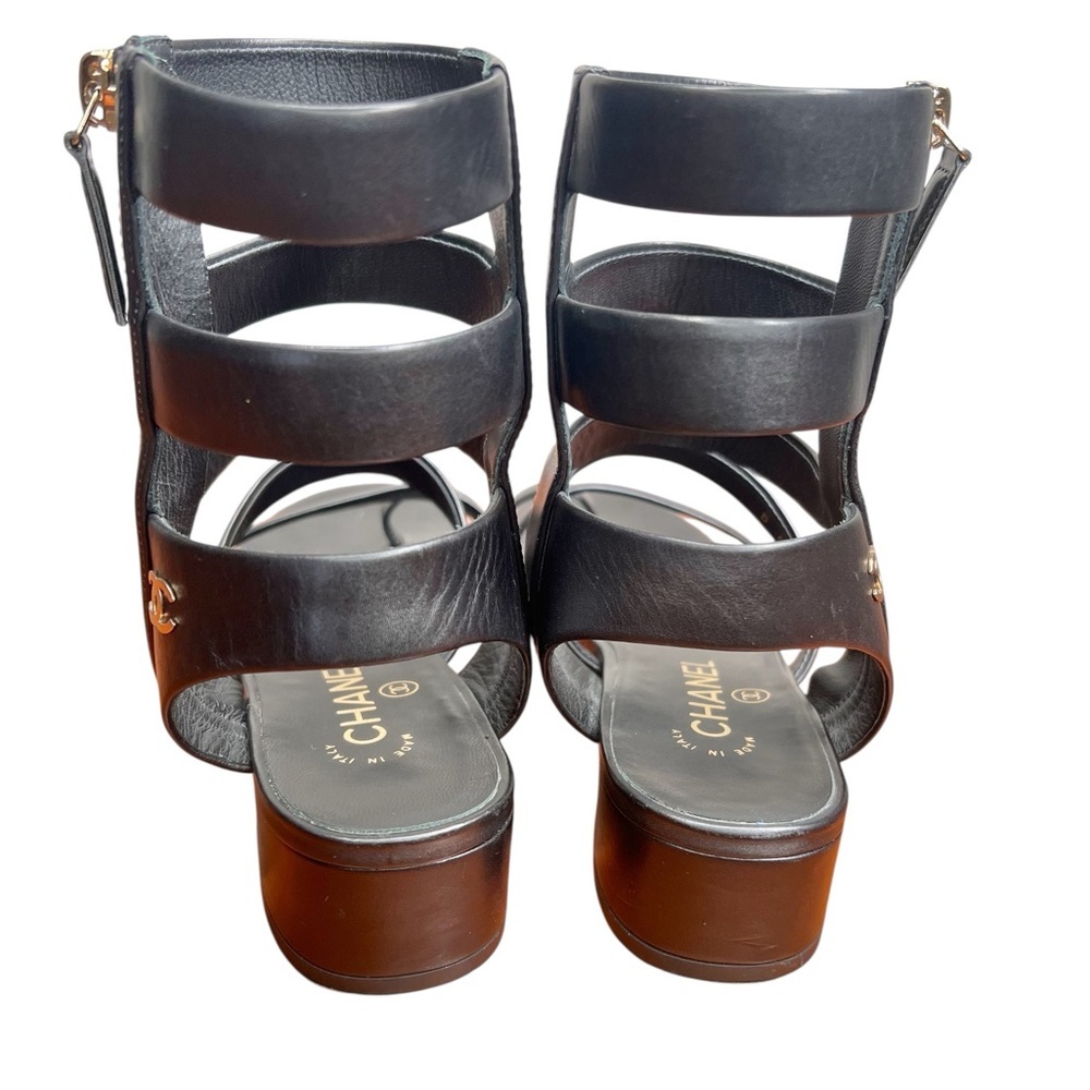 Chanel 2018 Black Leather Gladiator Multi Strap Block Heel Sandals Size 38 - Picture 4 of 9
